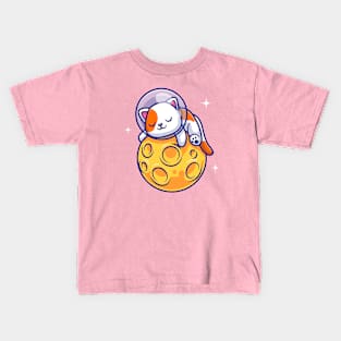 Cute Cat Astronaut Sleeping On Moon Cartoon Kids T-Shirt